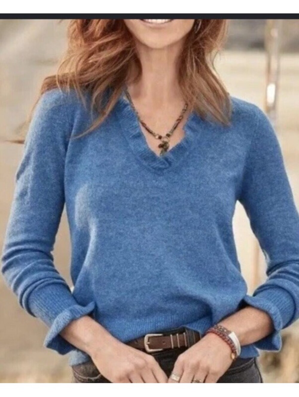 SUNDANCE blue ruffle V-neck sweater sz S nwt